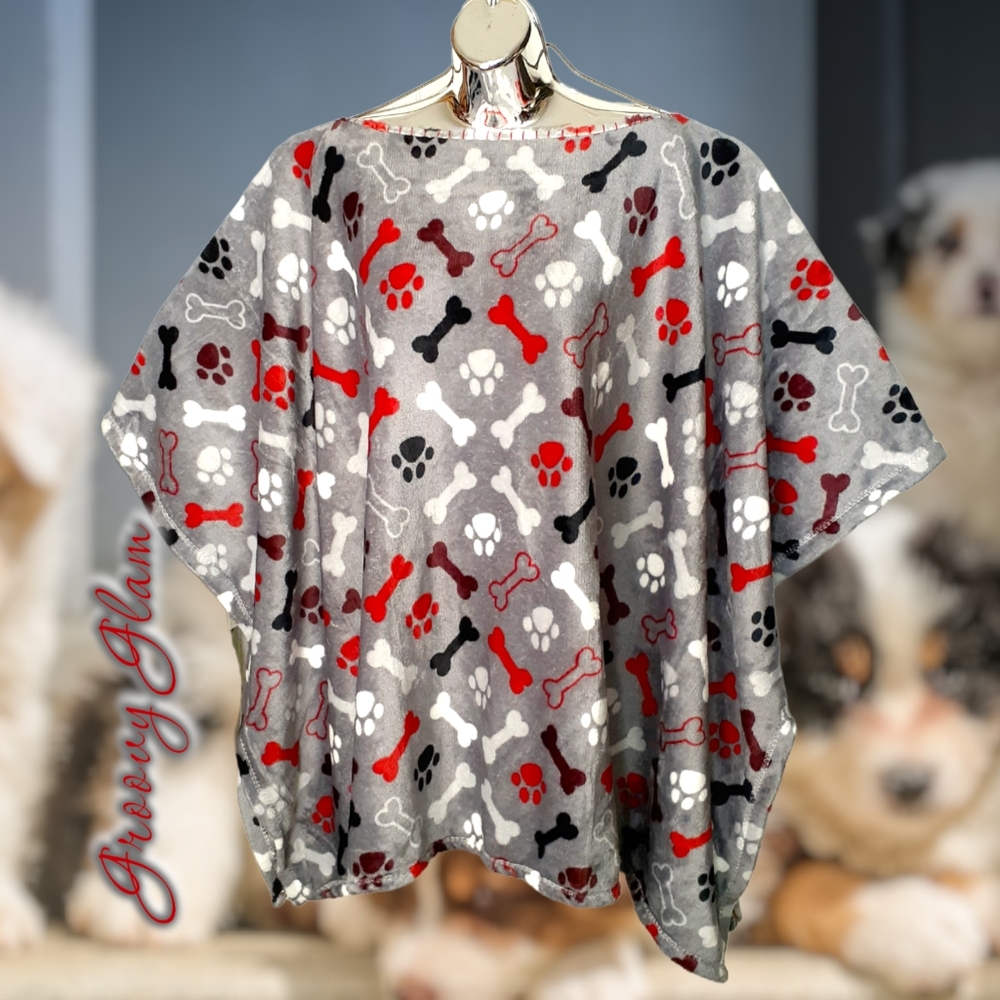 GROOVY GLAM Handmade Dog Bones and Puppy Paws on Grey Minky Plush Poncho